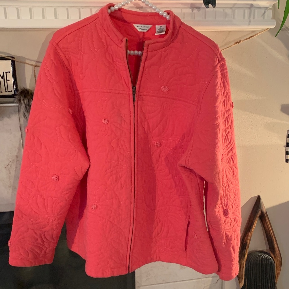 Laura Ashley Spring Coral Quilted FullZip Jacket raisedEmbroidered FlowersSize2X